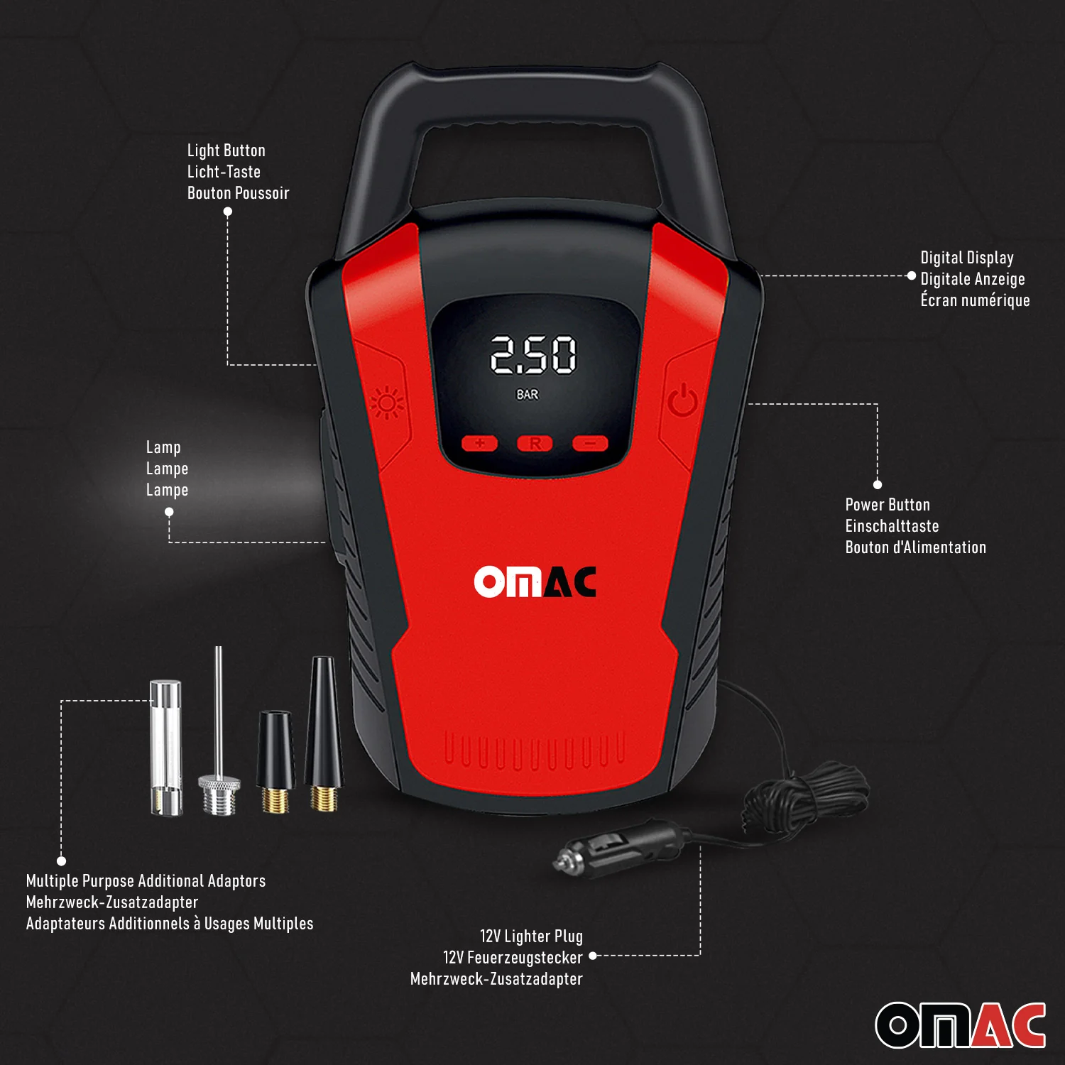 OMAC Gonfleur Pneu Pompe de Pneu Compresseur d'air pour voiture 12V 150 PSI - Image 3