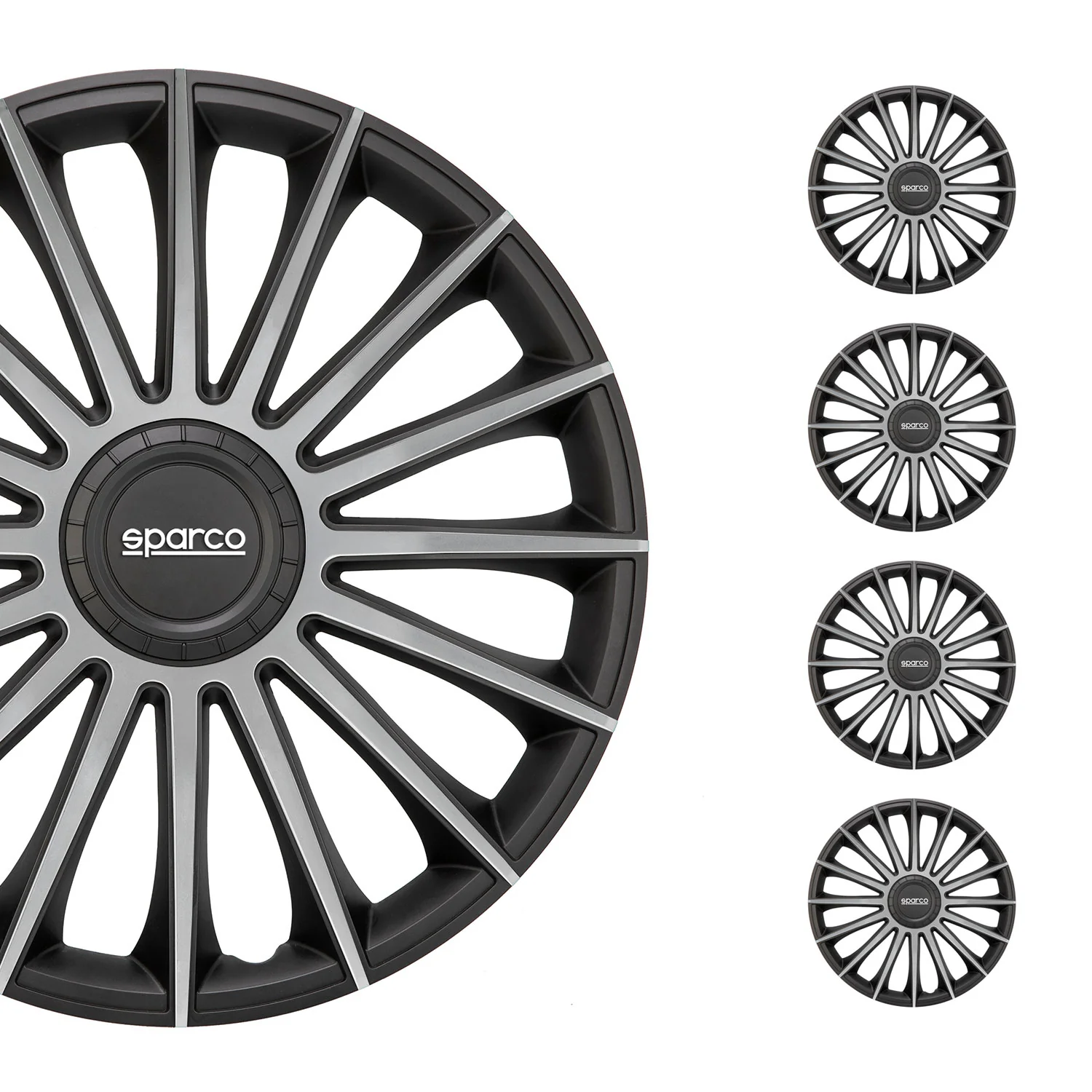 SPARCO Jeu Enjoliveurs de Roues 15 Pouces Noir Argenté ABS 4 piéces